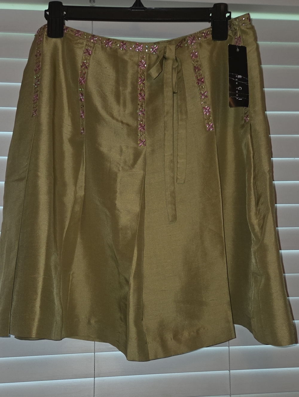 ECI New York Olive Green A-Line Skirt with Pink Beaded Trim